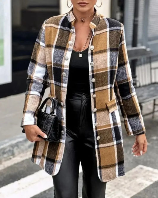 Plus Size 1XL-5XL Women Fashion Autumn and Winter Plaid Printing Coat Ladies Casual Long Sleeve Button Mock Neck Tunic Jacket-belleandkai.com