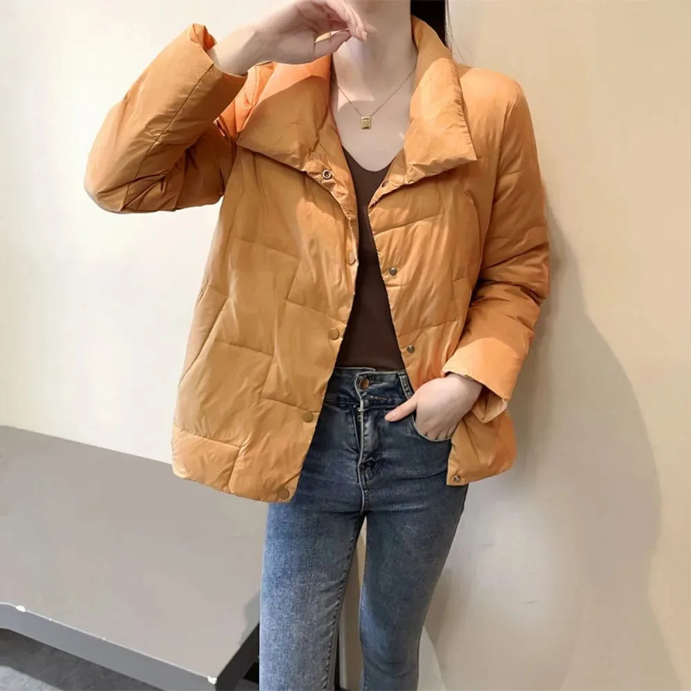 Autumn Winter Down Jacket For Women 2024 Solid Stand Collar Plaid Ultralight White Duck Down Coat Keep Warm Puffer Jacket Female-belleandkai.com