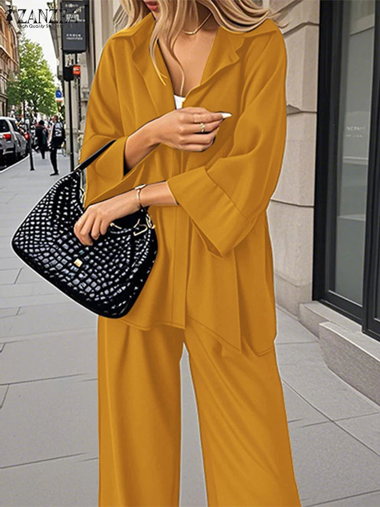 2025 ZANZEA Autumn 2PCS Outfits Women Solid Matching Set Loose Pant Sets Lapel Neck 3/4 Sleeve Shirts Trousers Work Tracksuits-belleandkai.com