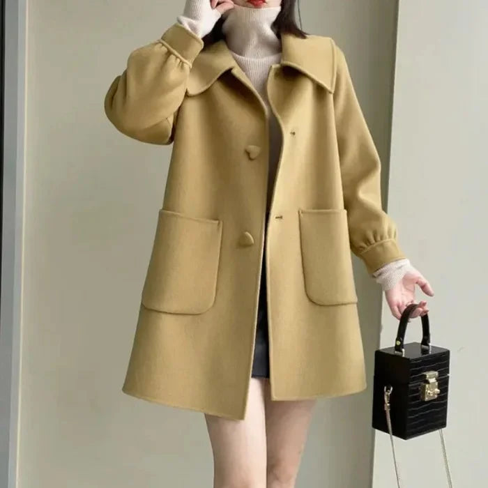 Autumn Winter New Style Slimming Long Coat with Heart Buckle Doll Collar Knitted Outerwear for Women Chinese Brand AE Stock-belleandkai.com
