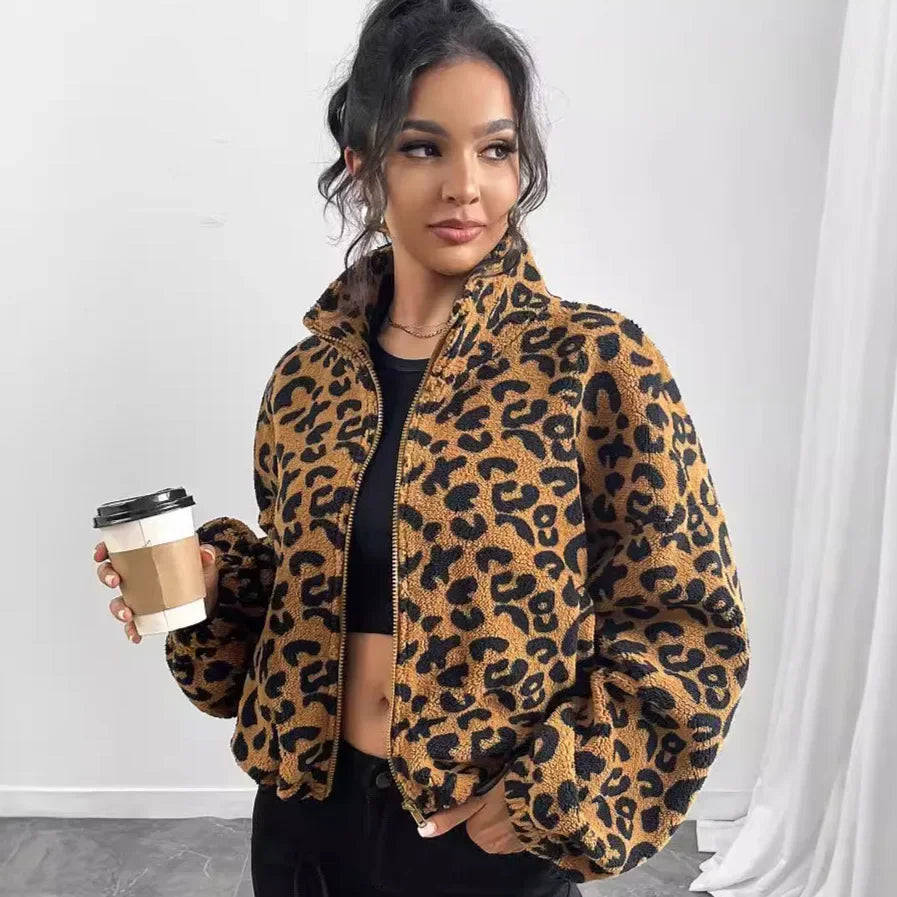 Flash Fleece Loose Cardigan Zipper Leopard Print Plush Autumn Winter New Arrival Women's Outerwear Thickened Long Sleeve Coat-belleandkai.com