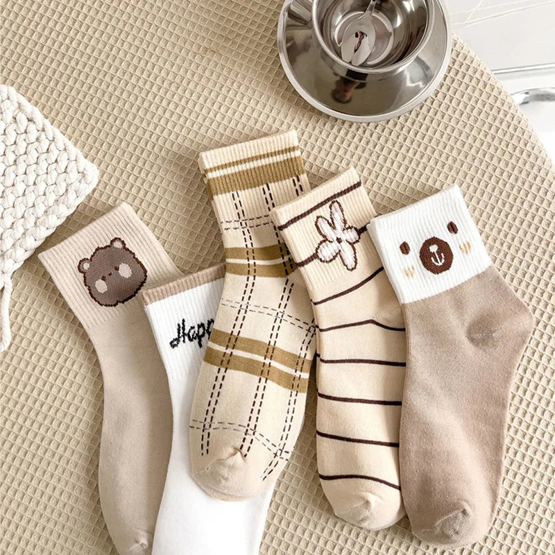 5 Pairs/Lot Socks Women's Cotton Print Short Ankle Set White Sports Cycling Running Compression Summer Breathable-belleandkai.com