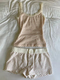 Strawberry Vest Shorts 2 Pieces Set Woman Eyelet Bow Slim Tank Top with Elastic Waist Patchwork Straight Short Pant Sweet Sets-belleandkai.com