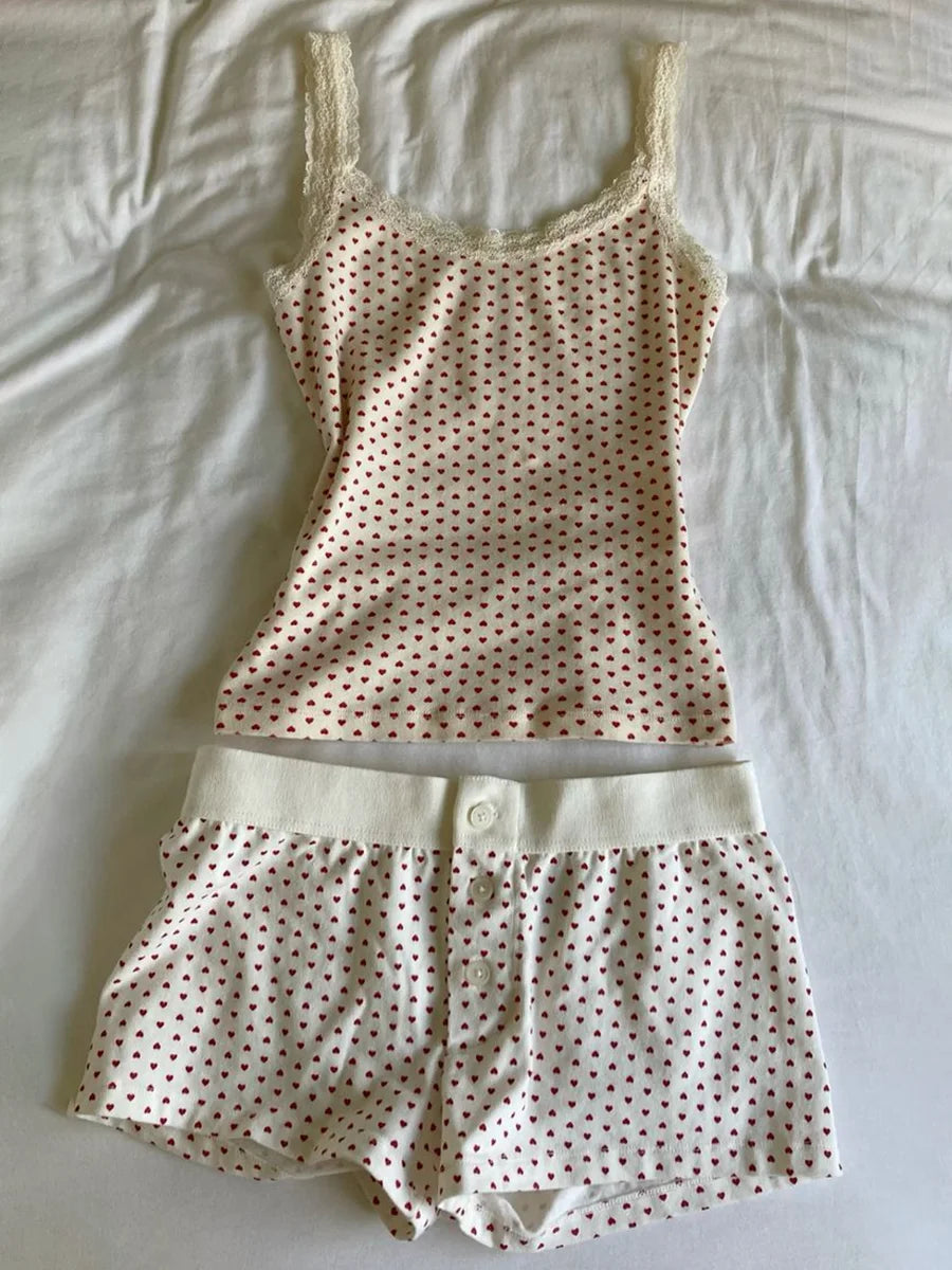 Strawberry Vest Shorts 2 Pieces Set Woman Eyelet Bow Slim Tank Top with Elastic Waist Patchwork Straight Short Pant Sweet Sets-belleandkai.com