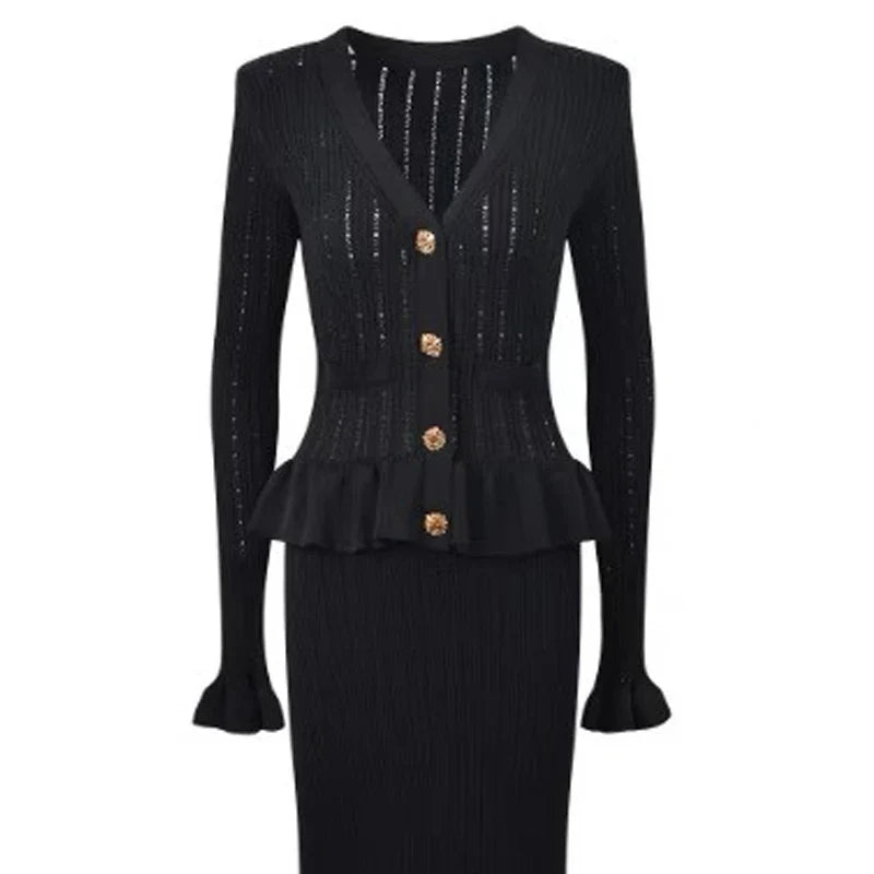 YuooMuoo Brand Fashion One-piece Knitted Maxi Dress Women Elegant V-neck Ruffled Slim Waist Bodycon Sweater Dress Party Vestido-belleandkai.com