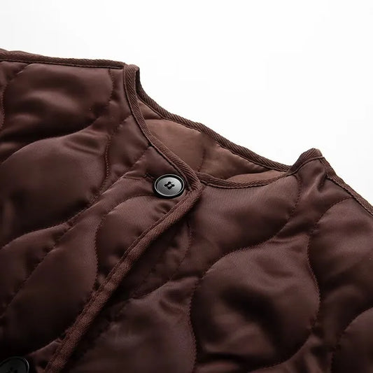 BSK&TRAF2025 Autumn New Women's Solid Color Retro Large Pocket Round Neck Long Sleeve Loose Quilted Cotton Jacket Coat-belleandkai.com