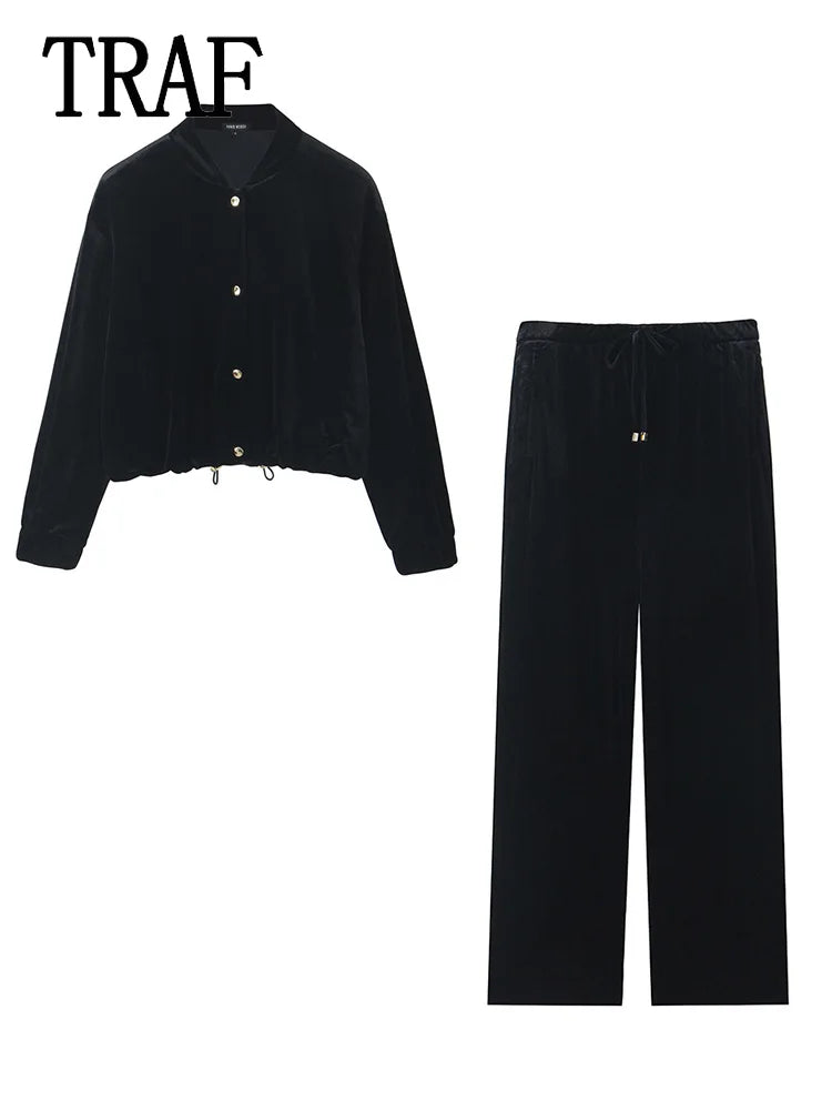 Women Fashion Velvet Trouser Set Streetwear Woman Wide Leg Long Pant +Long Sleeves Short Coat Top Women outfit-belleandkai.com