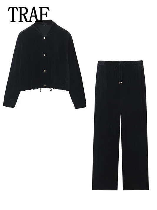 Women Fashion Velvet Trouser Set Streetwear Woman Wide Leg Long Pant +Long Sleeves Short Coat Top Women outfit-belleandkai.com