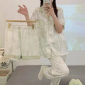 3 Pieces Set Night Wears for Women Summer New Short Sleeve Casual Striped Faux Silk Pijamas Set for Women Luxury Pyjamas Set-belleandkai.com