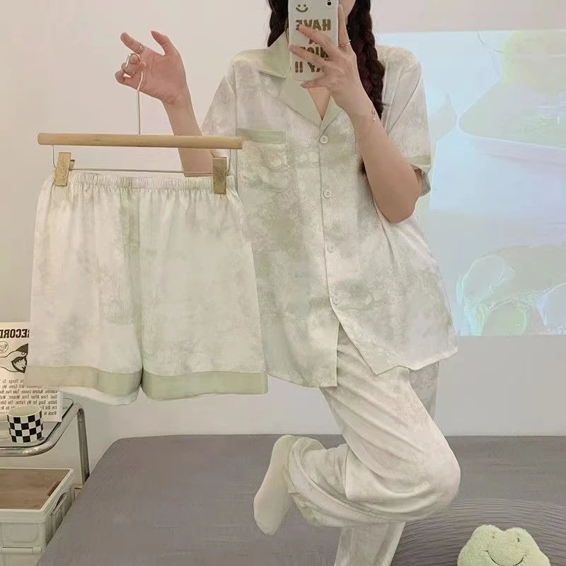 3 Pieces Set Night Wears for Women Summer New Short Sleeve Casual Striped Faux Silk Pijamas Set for Women Luxury Pyjamas Set-belleandkai.com