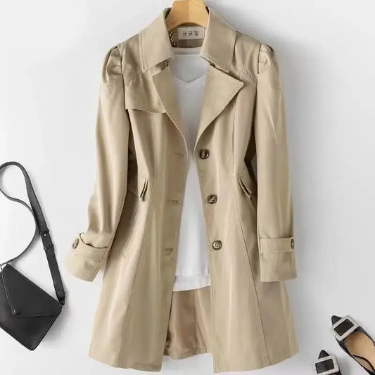 Slim Fit Long Coat Jacket Women's Casual Khaki Color Autumn Winter Outerwear Full Sleeve Chinese Brand Fashionable Windbreaker-belleandkai.com