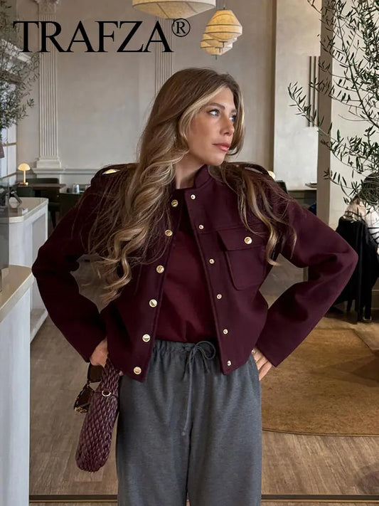 Women Vintage Wine Red Coat O Neck Long Sleeve Single Breasted Jacket With Pockets Autumn Casual Office Lady Outerwear-belleandkai.com