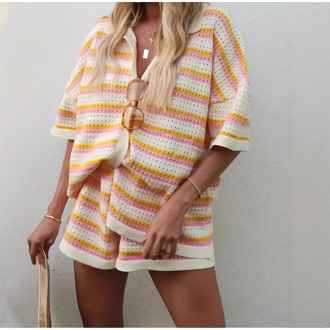 2025 Women's Summer New Style Casual Loose Lapel Hollow Fashion Striped Shorts Set Vacation Single Breakfast 2-piece Shorts Set-belleandkai.com