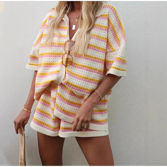2025 Women's Summer New Style Casual Loose Lapel Hollow Fashion Striped Shorts Set Vacation Single Breakfast 2-piece Shorts Set-belleandkai.com