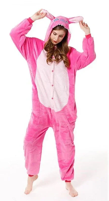 Disney Stitch Winter Adult Jumpsuit Men's and Women's Sleepwear Set Integrated Halloween Christmas Hooded Anime Jumpsuit-belleandkai.com