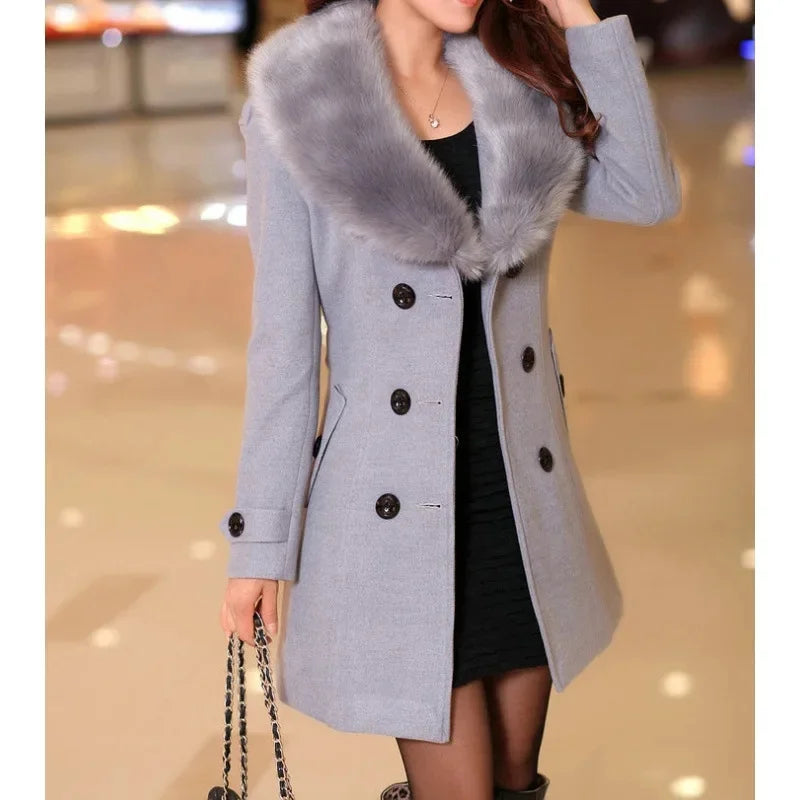 New Autumn Winter Women's Woolen Coat Mid-Length Korean Style Faux Fur Collar Sweater Material Outerwear Fashionable Ladies' Jac-belleandkai.com