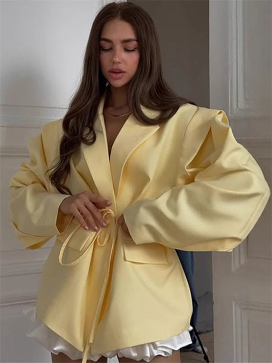 Tossy Elegant Commute Suit jacket Female Lace-Up Loose Pocket Patchwork Lapel Party Looks Outwear For Women Bandage Coat jacket-belleandkai.com
