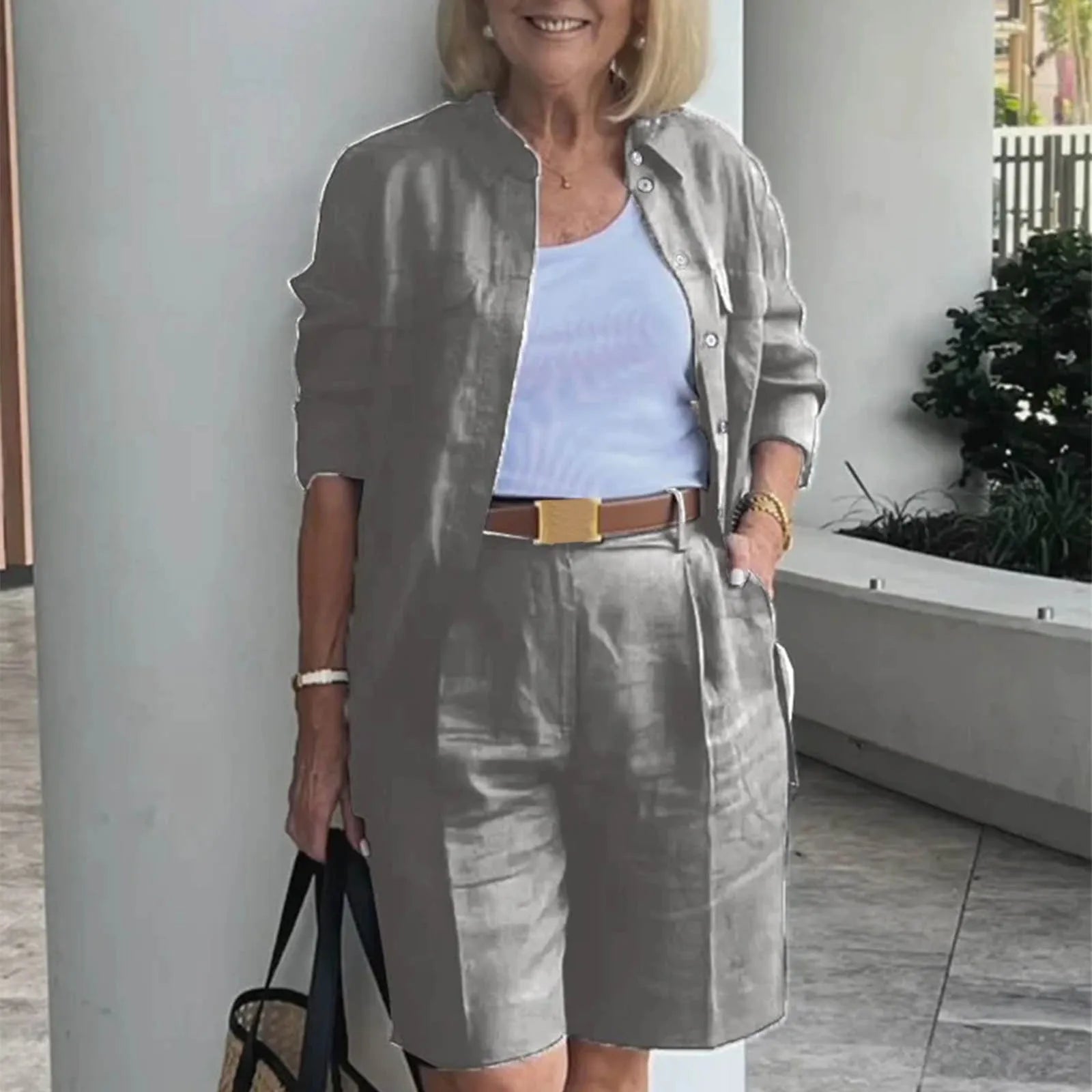 Elegant 2-Piece Sets For Women Womens Cardigan Shirt Top Summer Solid Color Casual Shorts Two Piece New In Matching Sets-belleandkai.com
