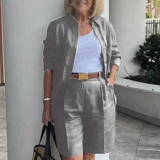 Elegant 2-Piece Sets For Women Womens Cardigan Shirt Top Summer Solid Color Casual Shorts Two Piece New In Matching Sets-belleandkai.com