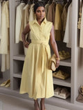 With Belt Midi Dress Elegant Sleeveless Long Summer New Solid Single Breasted Dresses for Women Elegant New Fashion Women Dress-belleandkai.com