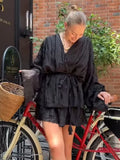 2025 Antumn Women's Outfits Solid Elastic Wide Shorts And Lace Up Tassels V-neck Full Sleeves Shirt Female High Street New Suits-belleandkai.com
