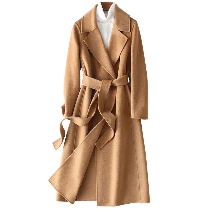 2025 Autumn 100% Wool Coats With Belt Fashion Open Stitch Elegant Woolen Cashmere Coat Veste Femme Tops-belleandkai.com