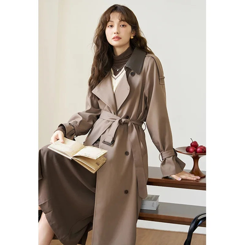 Women's Trench  Detachable Double Layer Leather Collar Solid Loose Double Breasted  A-LINE Coats-belleandkai.com