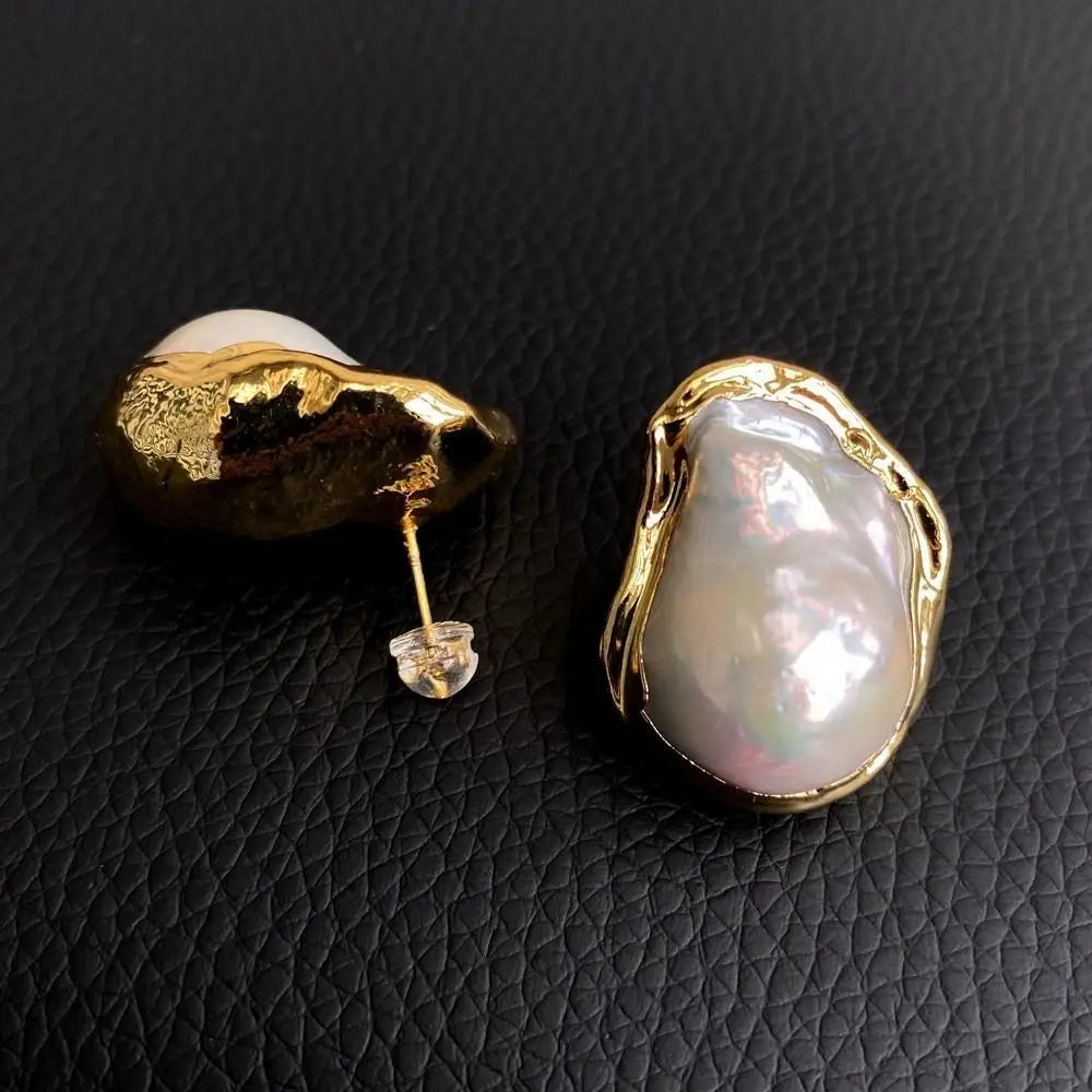 Y·YING Cultured White Keshi Baroque Pearl Stud Earrings Gold Plated Stud-belleandkai.com