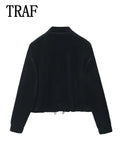 Women Fashion Velvet Trouser Set Streetwear Woman Wide Leg Long Pant +Long Sleeves Short Coat Top Women outfit-belleandkai.com