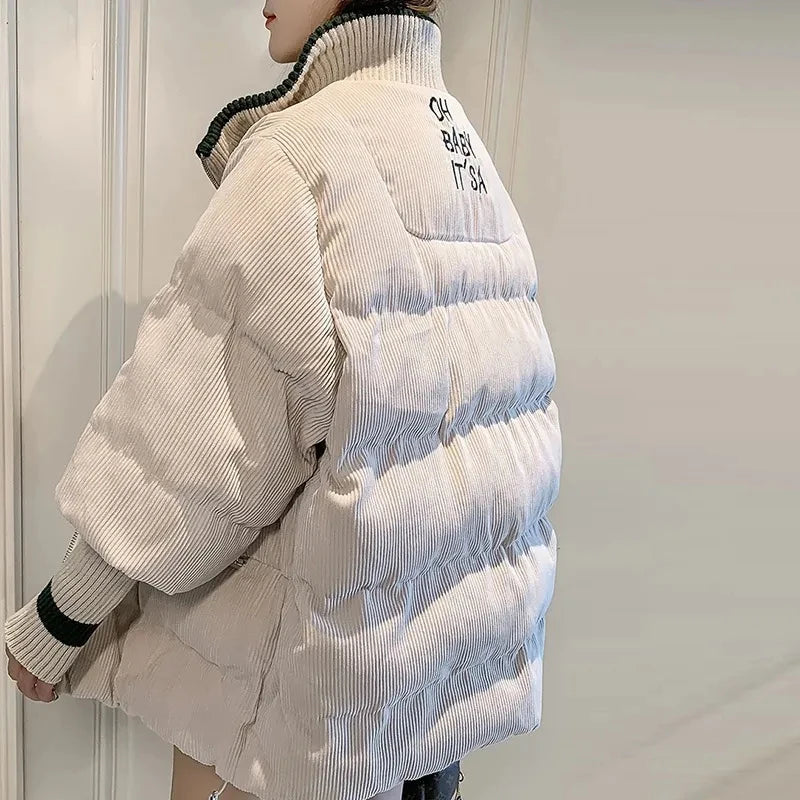 Gidyq Women Corduroy Padded Down Jacket Korean Fashion Letter Embroidery Padded Warm Coats Winter Casual Female Loose Outerwear-belleandkai.com