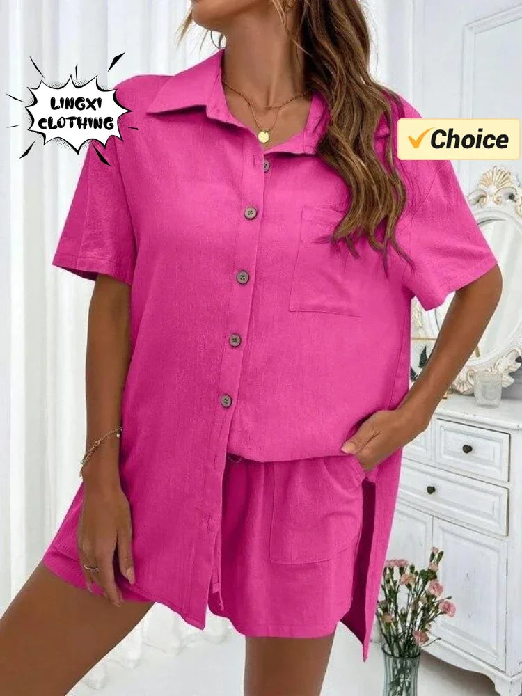 2024 Summer Fashion Sports Casual Cotton Linen Two Piece Set for Women's Single Breasted Shirt Elastic Waist Short Two Piece Set-belleandkai.com