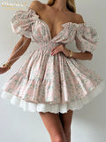 Clacive Summer Slim Print Women's Dress Fashion Slash Neck Short Sleeve Mini Dresses Elegant High Waist Patchwork Female Dress-belleandkai.com