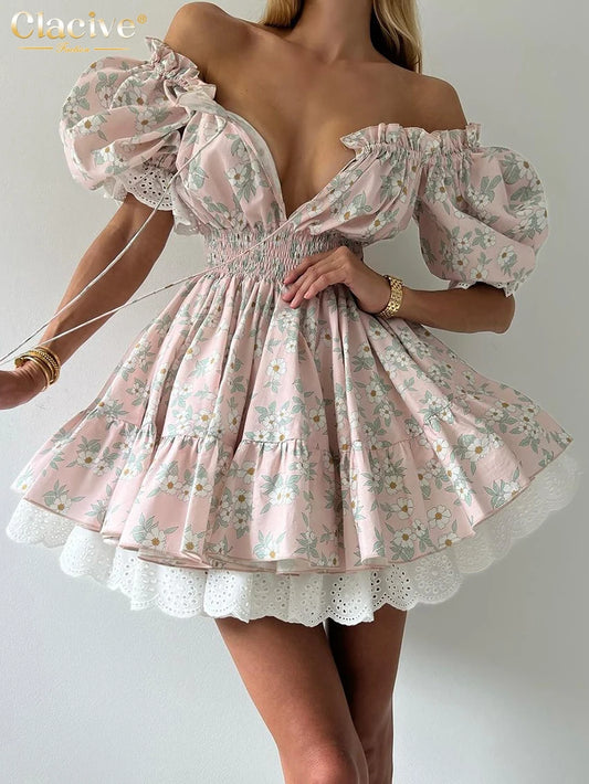 Clacive Summer Slim Print Women's Dress Fashion Slash Neck Short Sleeve Mini Dresses Elegant High Waist Patchwork Female Dress-belleandkai.com