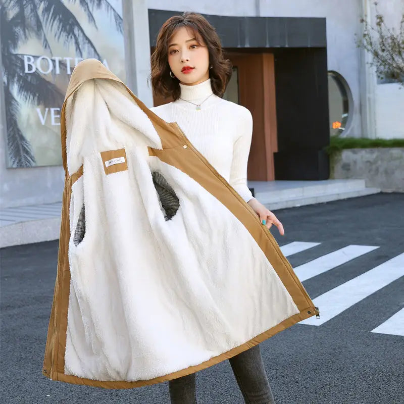 Plus Fleece Women Midi Parkas Autumn Winter Korean Loose Harajuku Thicken Thermal Pockets Drawstring Solid Hooded Trench Coats-belleandkai.com