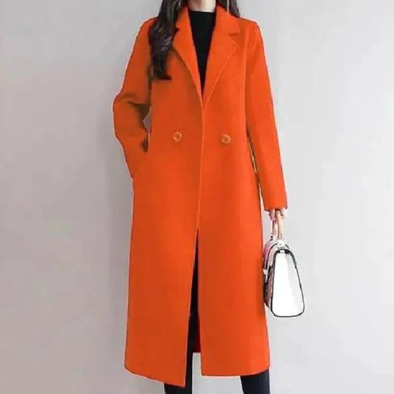 2024 Autumn Winter Women Vintage Coffee Blue Mid-Long Coat Jackets Female Concise Korean Style Loose Outside Thermal Woolen Coat-belleandkai.com