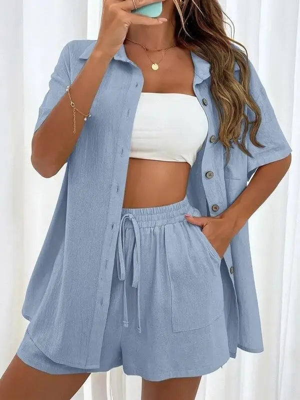 2024 Summer Fashion Sports Casual Cotton Linen Two Piece Set for Women's Single Breasted Shirt Elastic Waist Short Two Piece Set-belleandkai.com