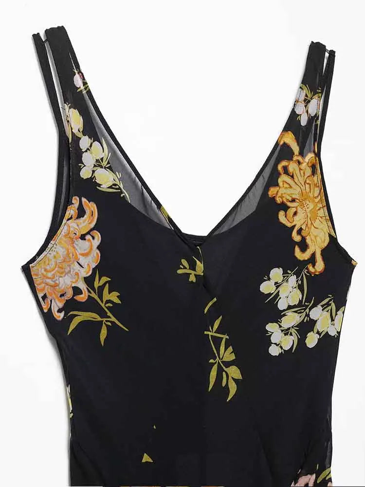 European style new women's fashion versatile temperament suspender print sleeveless v-neck long dress-belleandkai.com