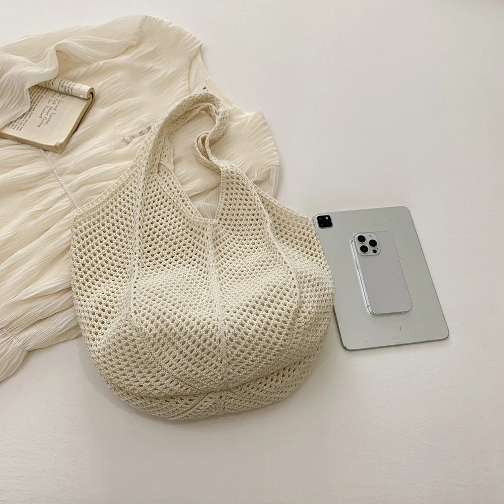 Women Crochet Tote Bag Mesh Beach Bag Large Capacity Fashion Knitted Bag Solid Color Simple Shopping Bag for Travel Vacation-belleandkai.com