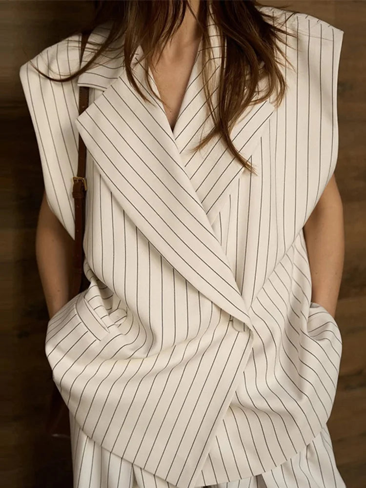 Fashion Women's Stripe Vest Trouser Suits Sleeveless Turn-Down Collar Lady Set 2025 Spring Summer Casual 2 Pieces Set Women-belleandkai.com