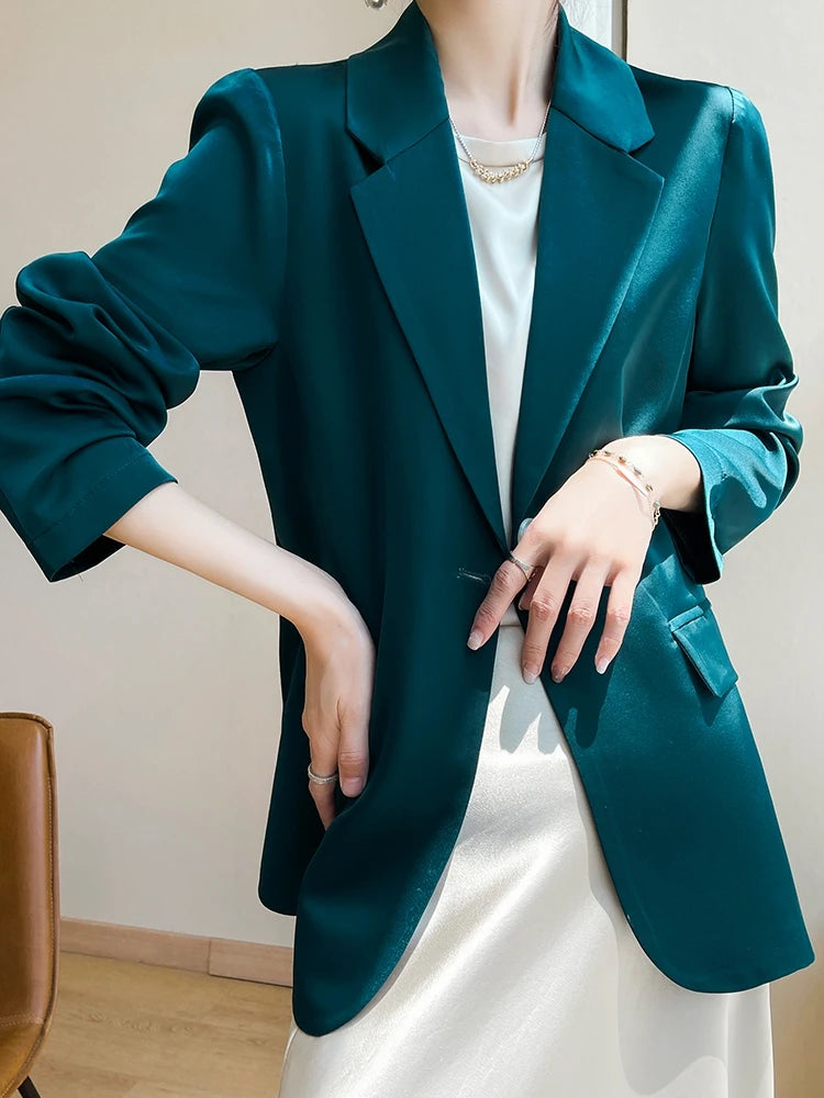 Women Blazers Spring Summer New Fashion Korean Silk Satin Suit V-neck Loose Top Jacket Single Button Suit Blazers Outerwear-belleandkai.com