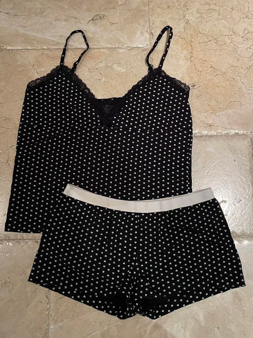 Strawberry Vest Shorts 2 Pieces Set Woman Eyelet Bow Slim Tank Top with Elastic Waist Patchwork Straight Short Pant Sweet Sets-belleandkai.com