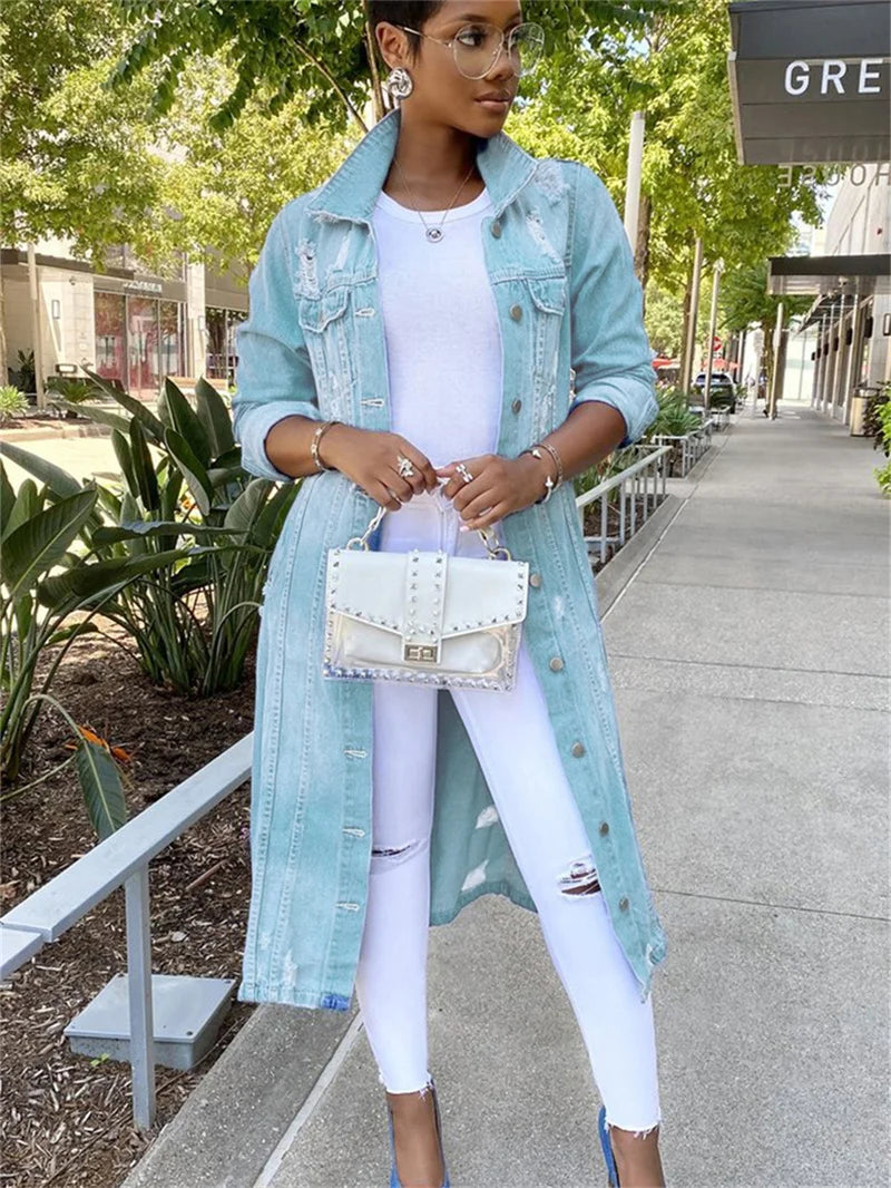 New Arrival Fashion Hole Cotton Autnmn Winter Long Denim Jacket 2023 Trench Coat Cardigan Jeans Cape Women Long Sleeve Jean Coat-belleandkai.com