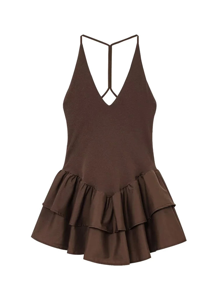 TRAF Women's Deep V-neck Sleeveless Sling Mini Dress Temperament Sexy Splicing Neck Short Backless Dress Elegant Women's Fashion-belleandkai.com