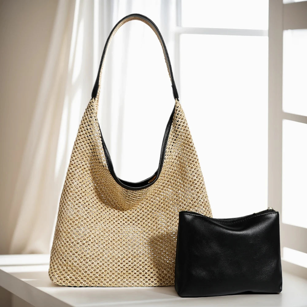 Straw Tote Bag for Women Large Capacity Woven Shoulder Bag with PU Purse Beach Summer Bag Clutch Purse for Vacation Travel-belleandkai.com