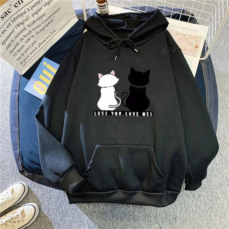 Women's Fleece Lined Hoodie Casual Cartoon Cat Print Oversize Loose Fit Autumn Winter Top Fashion Comfortable Streetwear-belleandkai.com