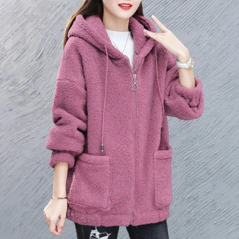 Thicken Plus Velvet Women Sweatshirts Autumn Winter Lamb Fleece Sweater Casual Hoodies Loose All-match Zipper Cardigan Jacket-belleandkai.com