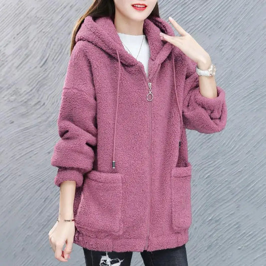 Thicken Plus Velvet Women Sweatshirts Autumn Winter Lamb Fleece Sweater Casual Hoodies Loose All-match Zipper Cardigan Jacket-belleandkai.com
