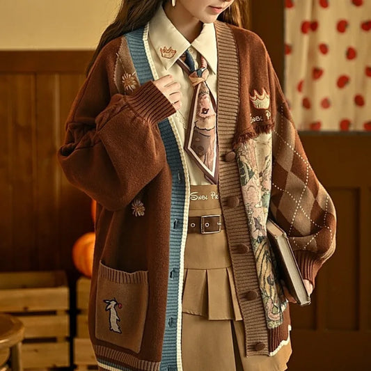 Vintage Harajuku Knit Cardigan Aesthetics Print Y2k Clothes V-neck Sweater Long Sleeve Coats College Style Streetwear Design-belleandkai.com