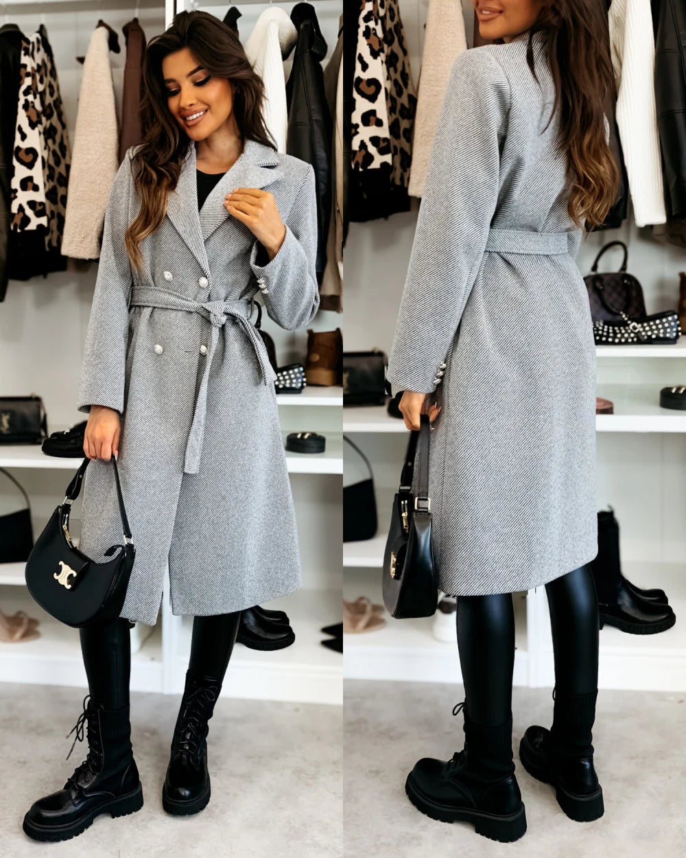 Women's Woolen Coat Autumn Winter Vintage Elegant Double Breasted Trench Coat Women Brown Long Sleeved Midi Windbreaker Jacket-belleandkai.com