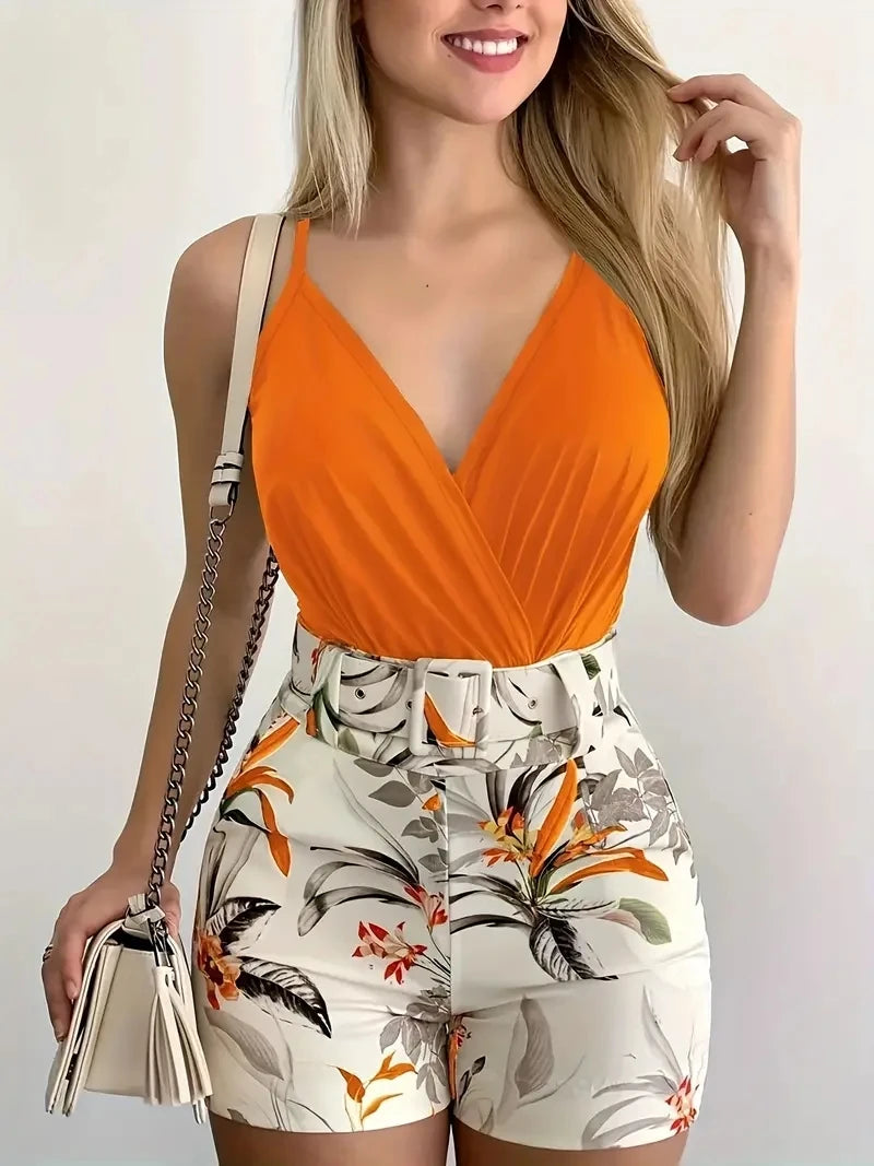European and American Cross-border New Women's Clothing V-neck Camisole and Plant Print Shorts Set with Belt-belleandkai.com